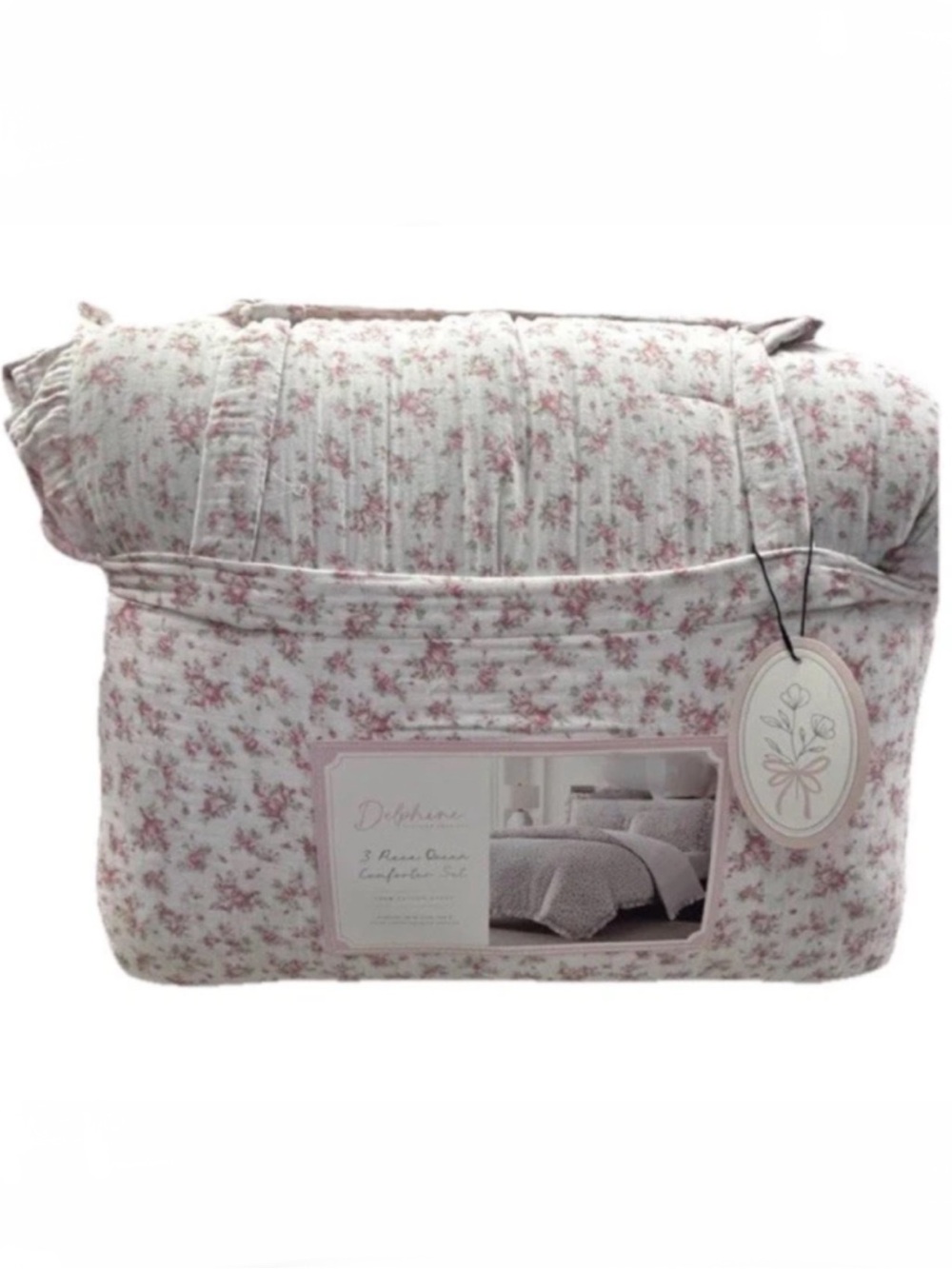 Delphine Queen Pink, White and Green Floral Cotton Gauze Comforter Set 90”x90”